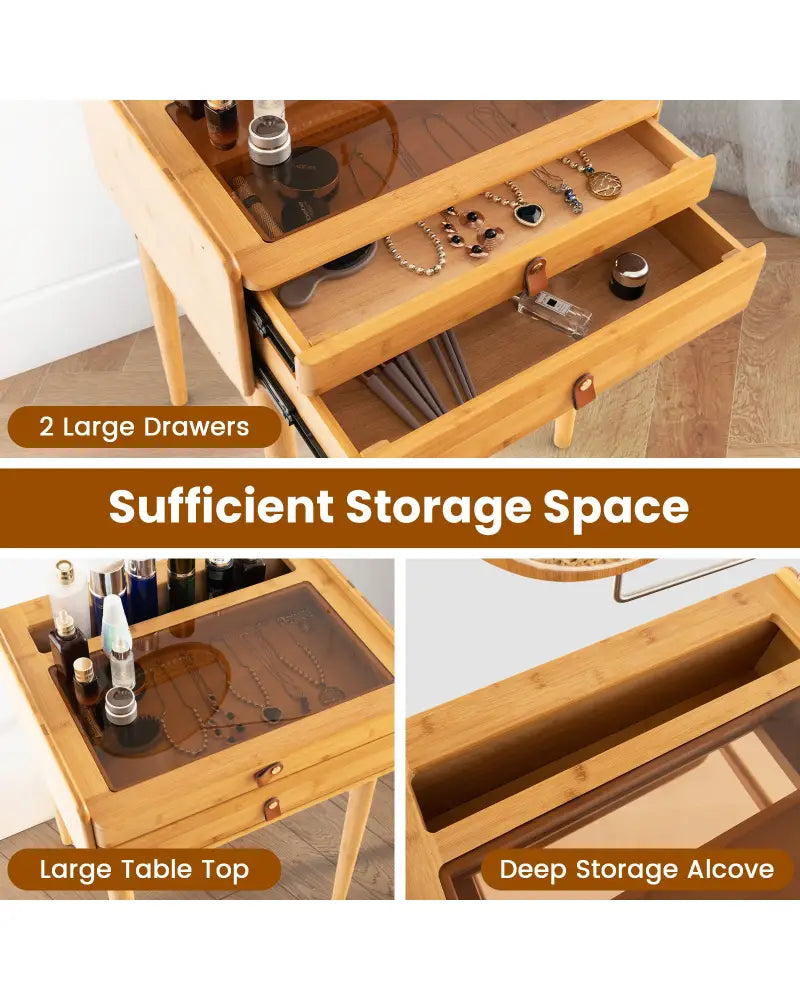 Bamboo Makeup Vanity Table with Mirror with 2 Storage Drawers-Natural - Natural - Makeup Vanities