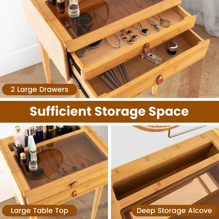 Bamboo Makeup Vanity Table with Mirror with 2 Storage Drawers-Natural - Natural - Makeup Vanities