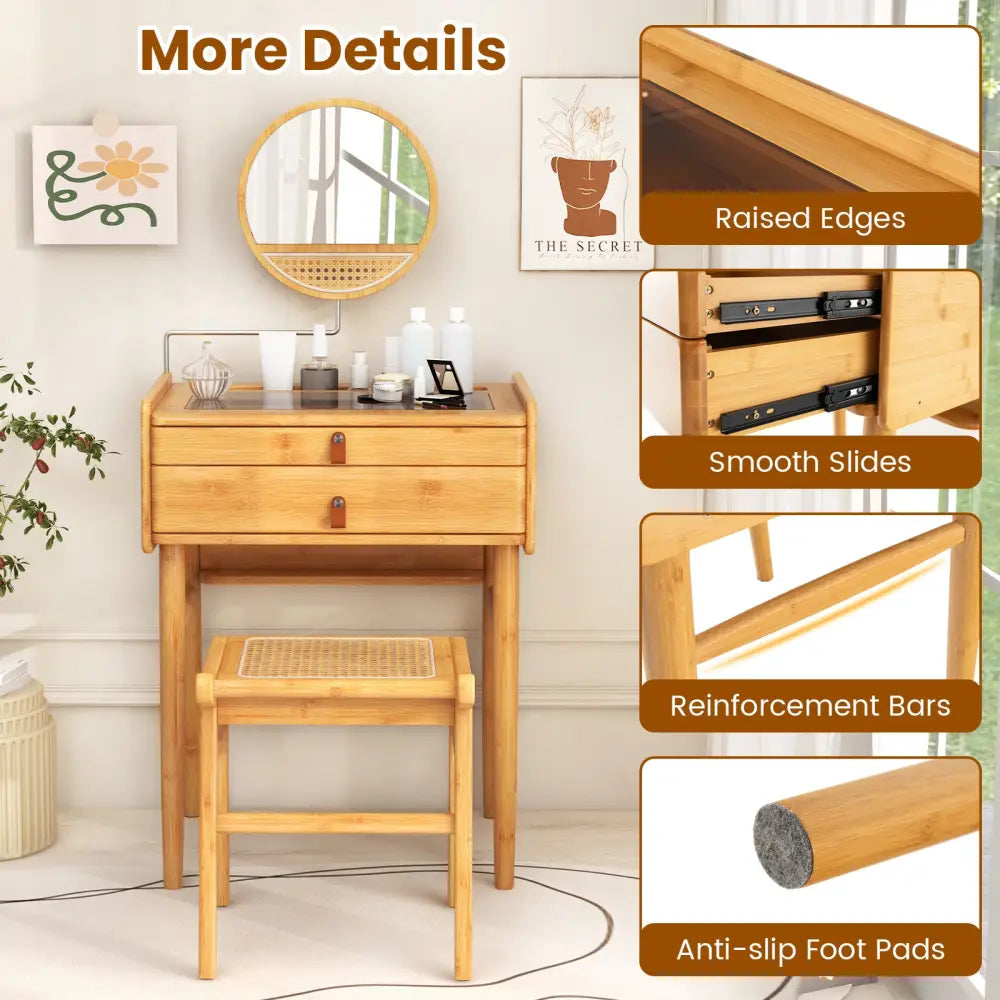Bamboo Makeup Vanity Table with Mirror with 2 Storage Drawers-Natural - Natural - Makeup Vanities
