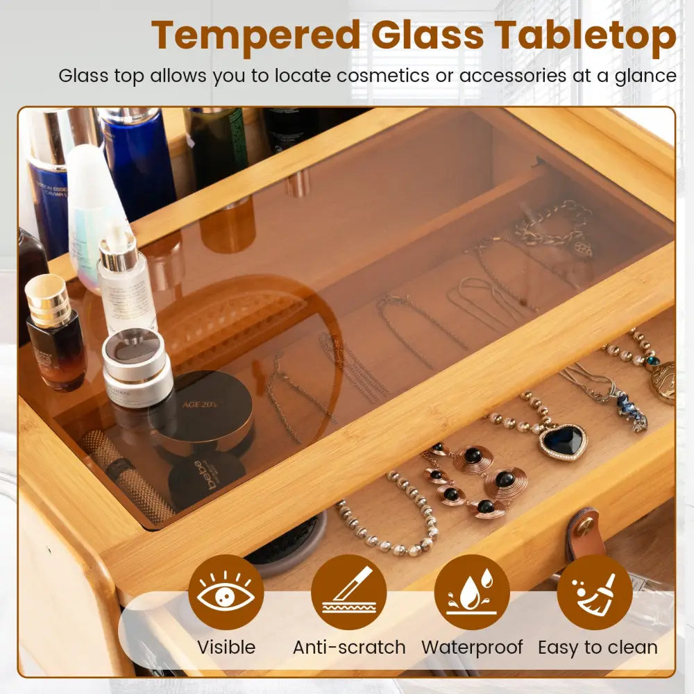 Bamboo Makeup Vanity Table with Mirror with 2 Storage Drawers-Natural - Natural - Makeup Vanities