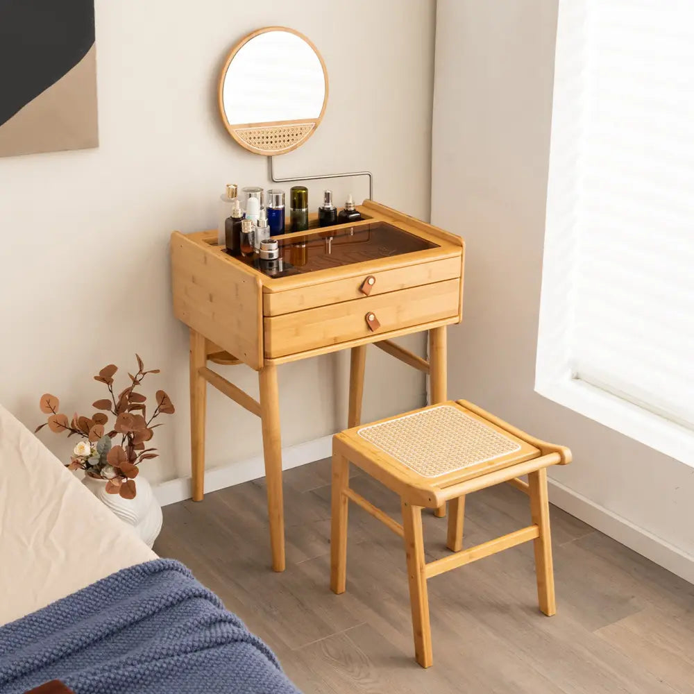 Bamboo Makeup Vanity Table with Mirror with 2 Storage Drawers-Natural - Natural - Makeup Vanities