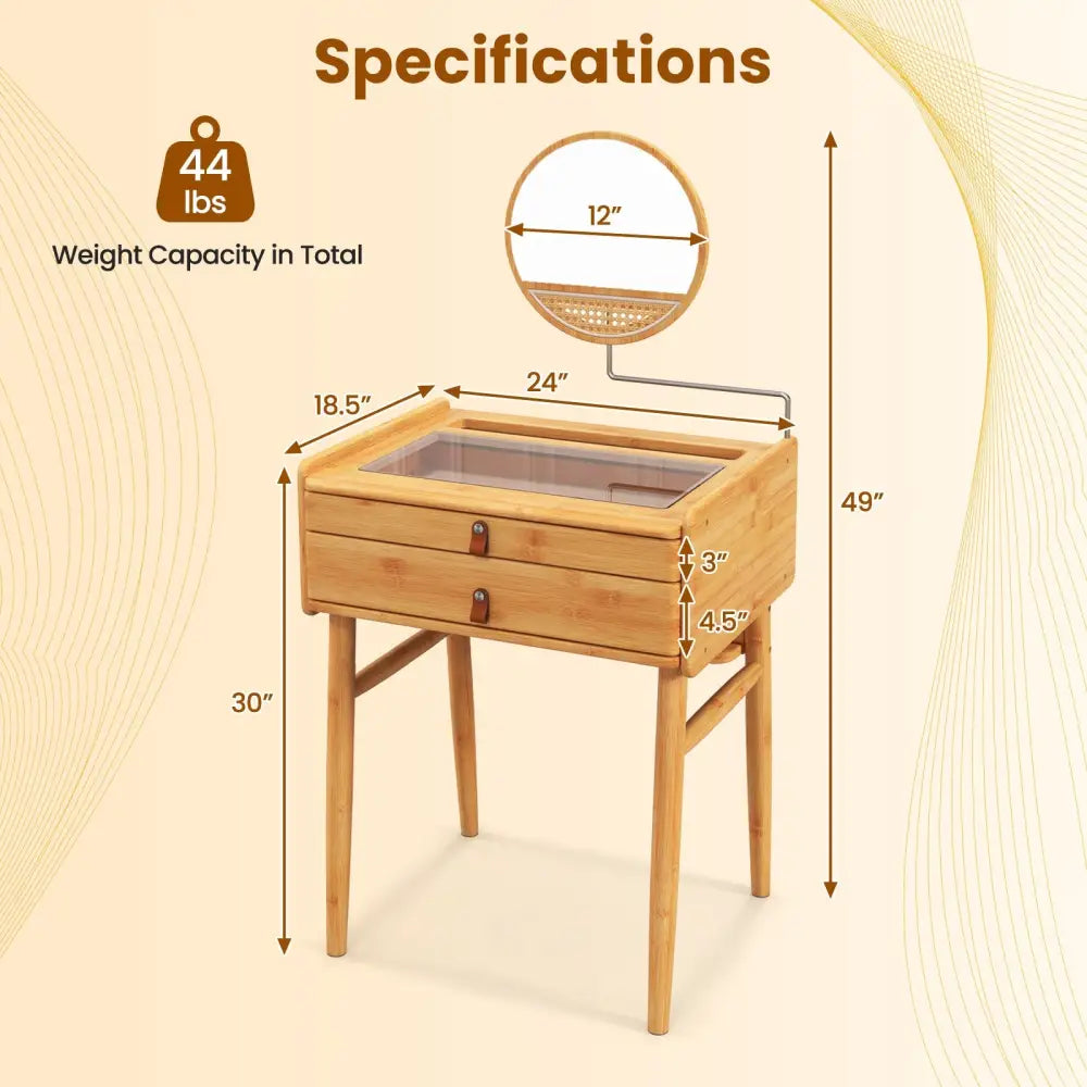 Bamboo Makeup Vanity Table with Mirror with 2 Storage Drawers-Natural - Natural - Makeup Vanities