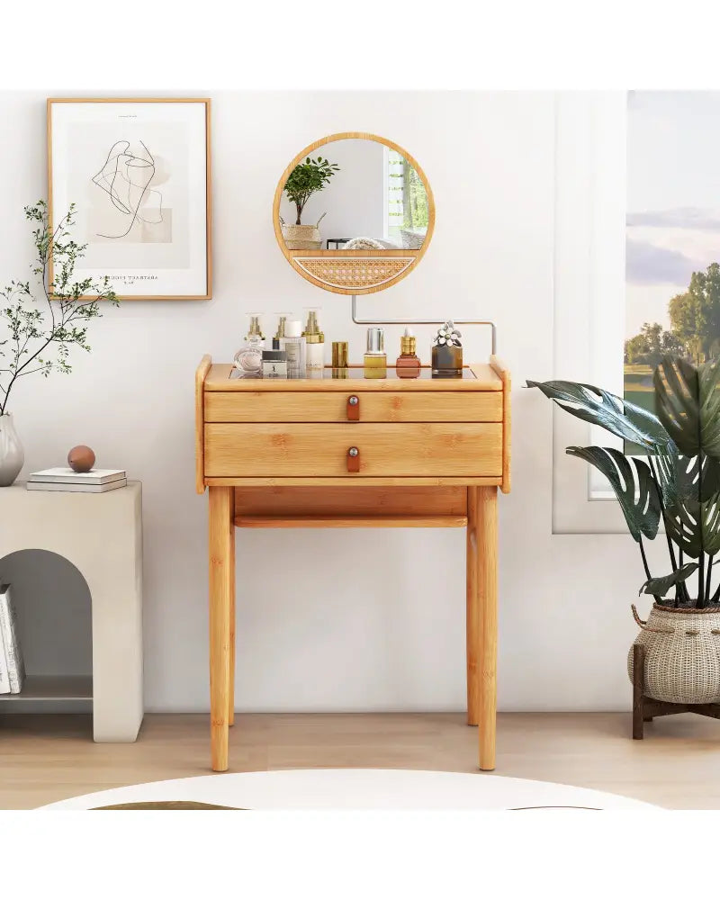 Bamboo Makeup Vanity Table with Mirror with 2 Storage Drawers-Natural - Natural - Makeup Vanities