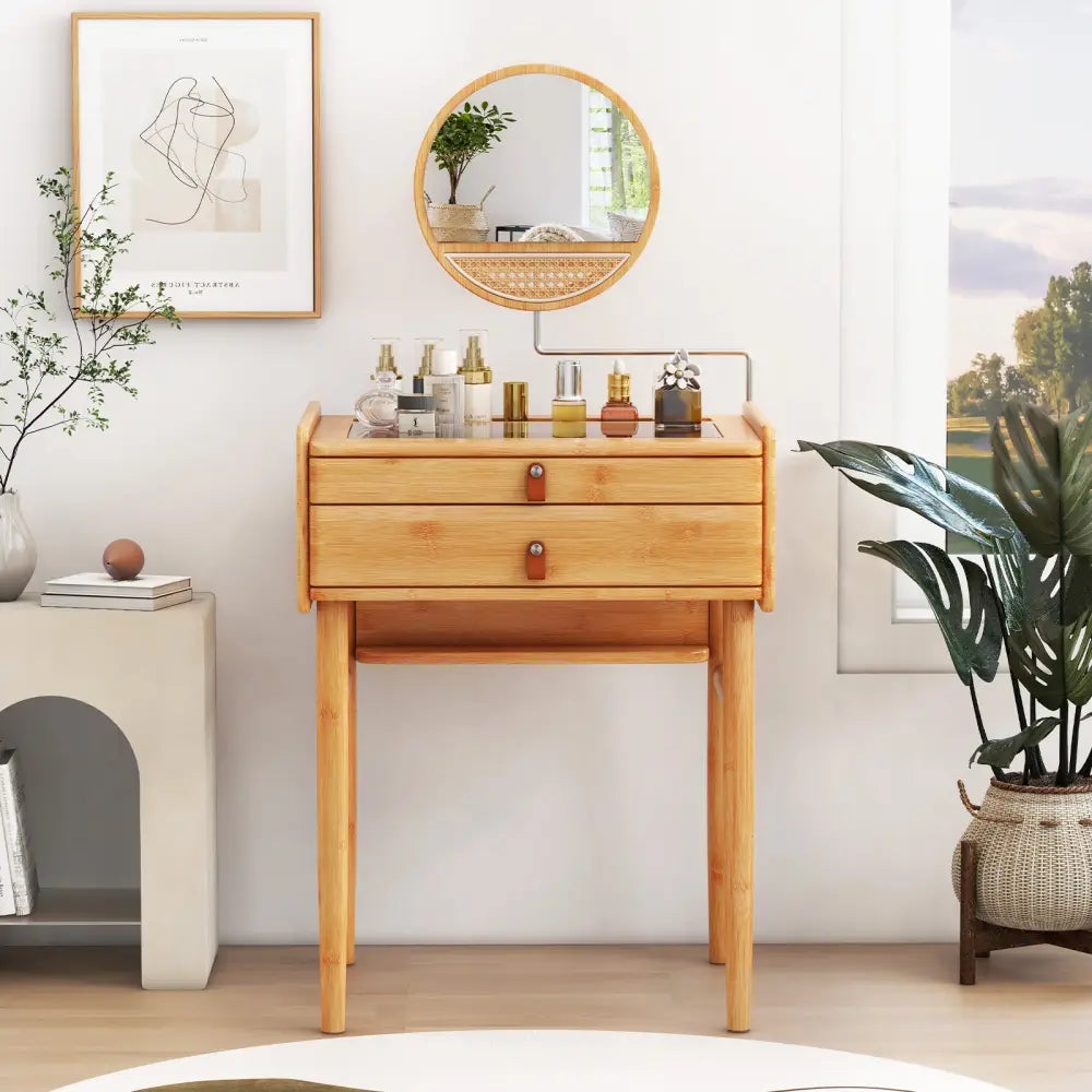 Bamboo Makeup Vanity Table with Mirror with 2 Storage Drawers-Natural - Natural - Makeup Vanities