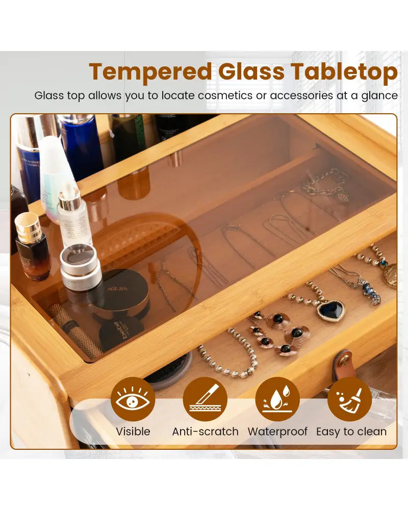Bamboo Makeup Vanity Table with Mirror with 2 Storage Drawers-Natural - Natural - Makeup Vanities