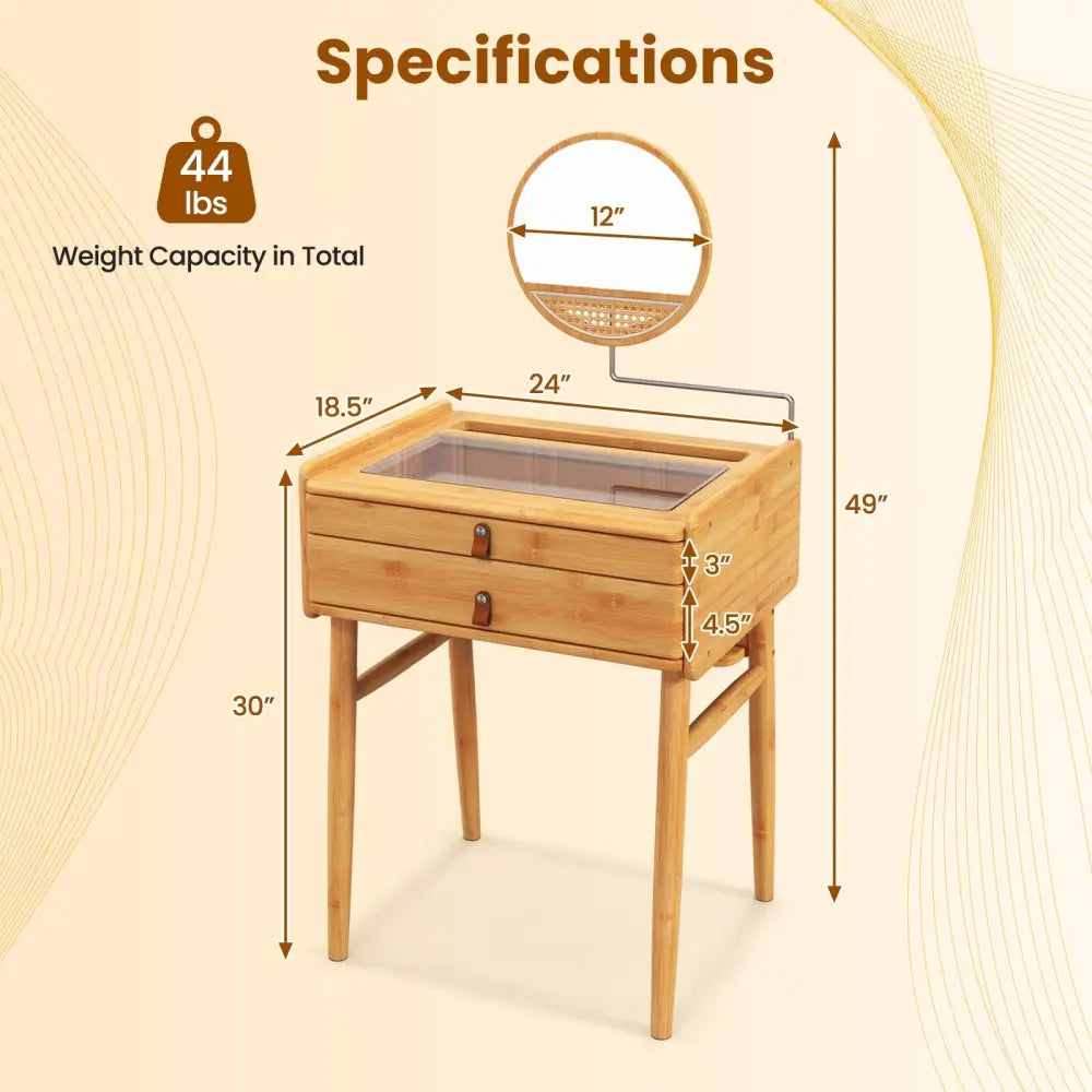 Bamboo Makeup Vanity Table with Mirror with 2 Storage Drawers-Natural - Natural - Makeup Vanities