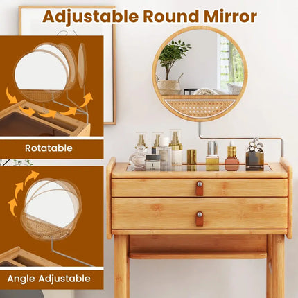 Bamboo Makeup Vanity Table with Mirror with 2 Storage Drawers-Natural - Natural - Makeup Vanities
