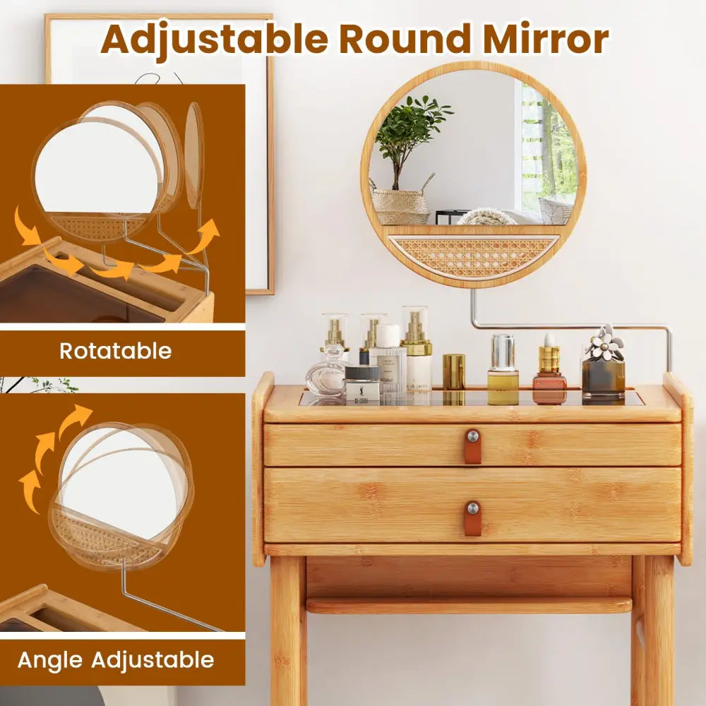 Bamboo Makeup Vanity Table with Mirror with 2 Storage Drawers-Natural - Natural - Makeup Vanities