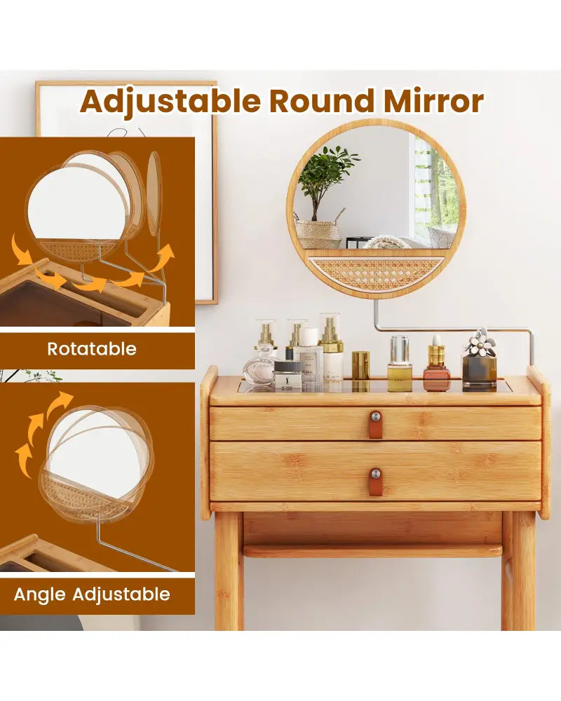Bamboo Makeup Vanity Table with Mirror with 2 Storage Drawers-Natural - Natural - Makeup Vanities