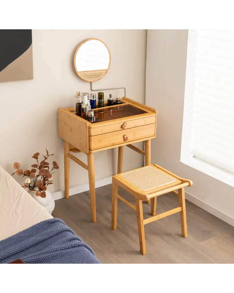 Bamboo Makeup Vanity Table with Mirror with 2 Storage Drawers-Natural - Natural - Makeup Vanities