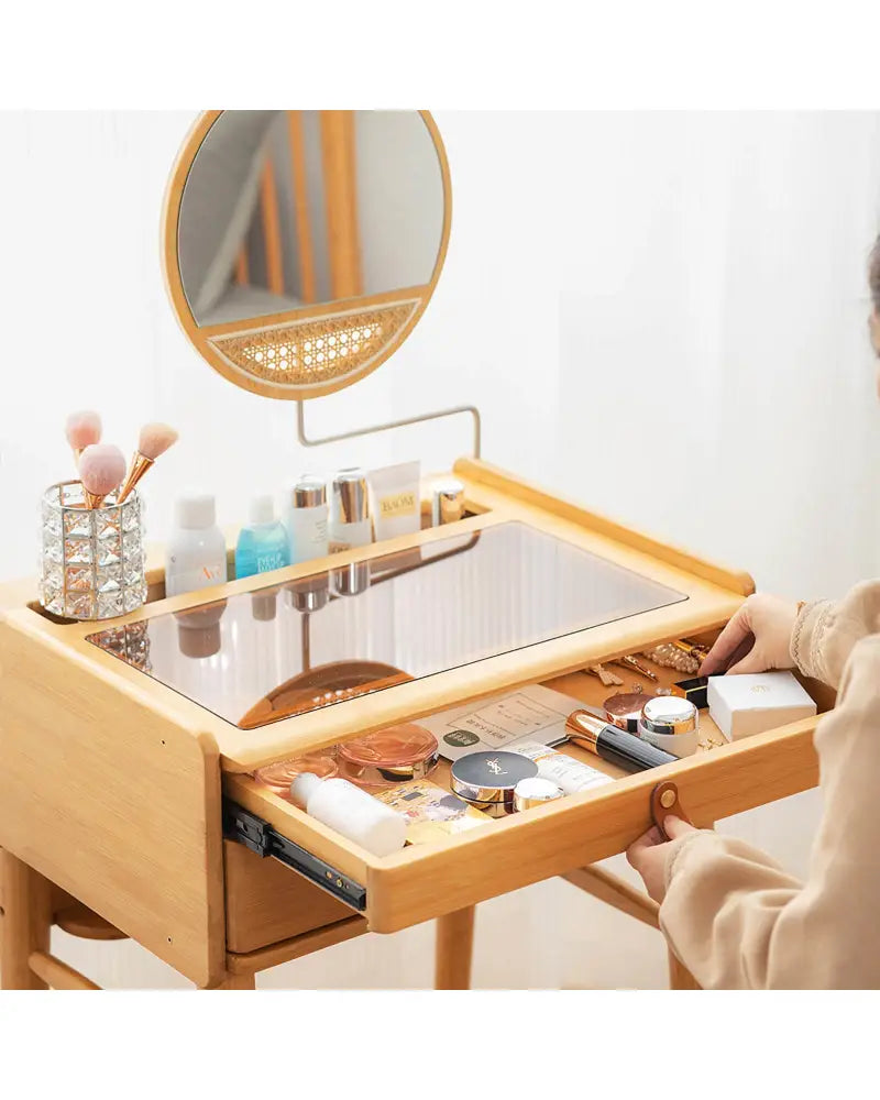 Bamboo Makeup Vanity Table with Stool and Rotating Mirror - Natural - Makeup Vanities