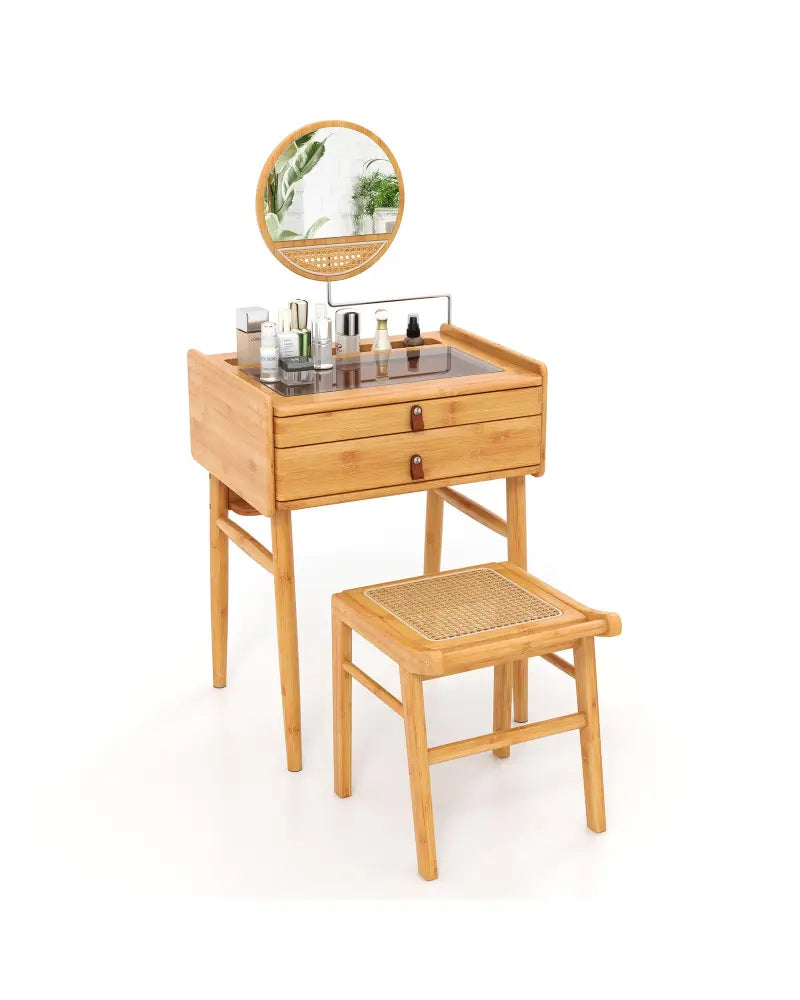 Bamboo Makeup Vanity Table with Stool and Rotating Mirror - Natural - Makeup Vanities