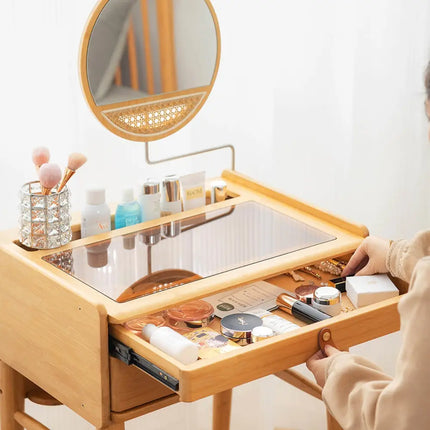 Bamboo Makeup Vanity Table with Stool and Rotating Mirror - Natural - Makeup Vanities