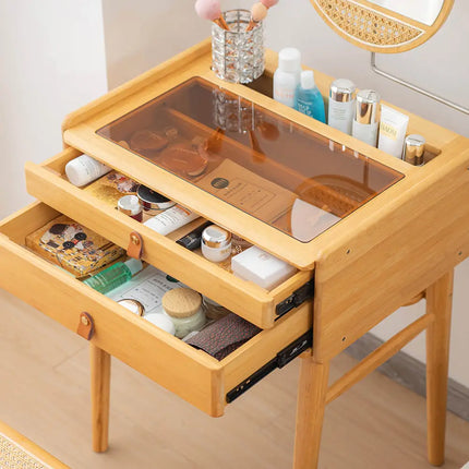 Bamboo Makeup Vanity Table with Stool and Rotating Mirror - Natural - Makeup Vanities