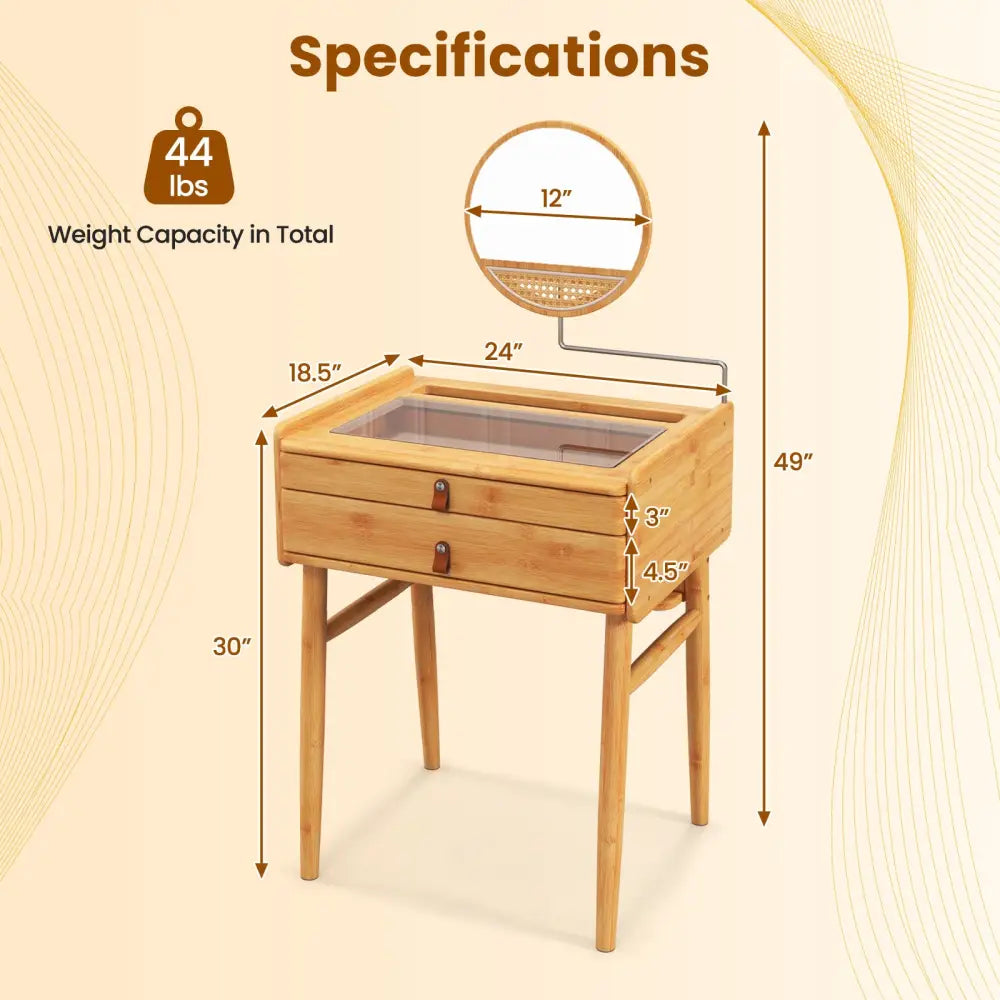 Bamboo Makeup Vanity Table with Stool and Rotating Mirror - Natural - Makeup Vanities