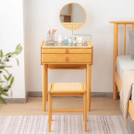 Bamboo Makeup Vanity Table with Stool and Rotating Mirror - Natural - Makeup Vanities