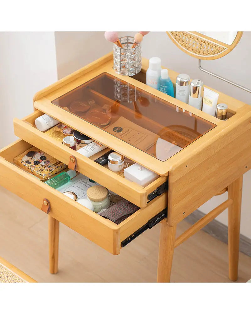 Bamboo Makeup Vanity Table with Stool and Rotating Mirror - Natural - Makeup Vanities