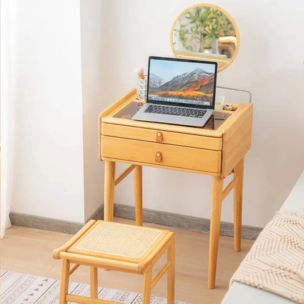 Bamboo Makeup Vanity Table with Stool and Rotating Mirror - Natural - Makeup Vanities