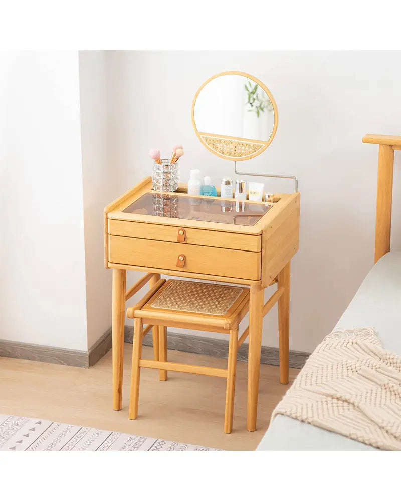 Bamboo Makeup Vanity Table with Stool and Rotating Mirror - Natural - Makeup Vanities