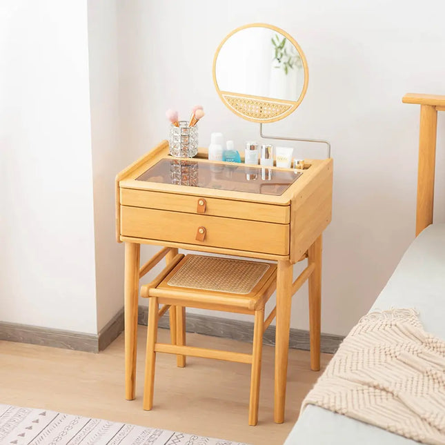 Bamboo Makeup Vanity Table with Stool and Rotating Mirror - Natural - Makeup Vanities