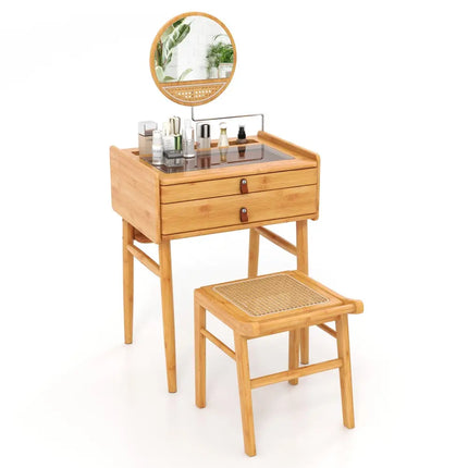 Bamboo Makeup Vanity Table with Stool and Rotating Mirror - Natural - Makeup Vanities