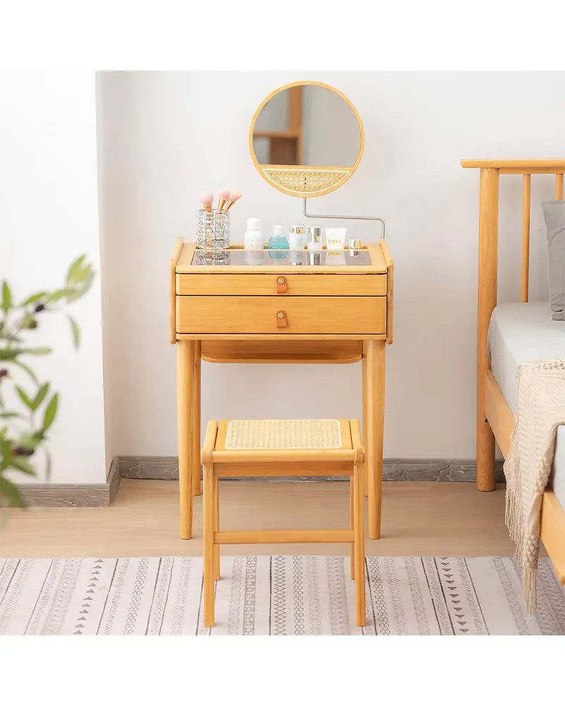 Bamboo Makeup Vanity Table with Stool and Rotating Mirror - Natural - Makeup Vanities