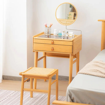 Bamboo Makeup Vanity Table with Stool and Rotating Mirror - Natural - Makeup Vanities