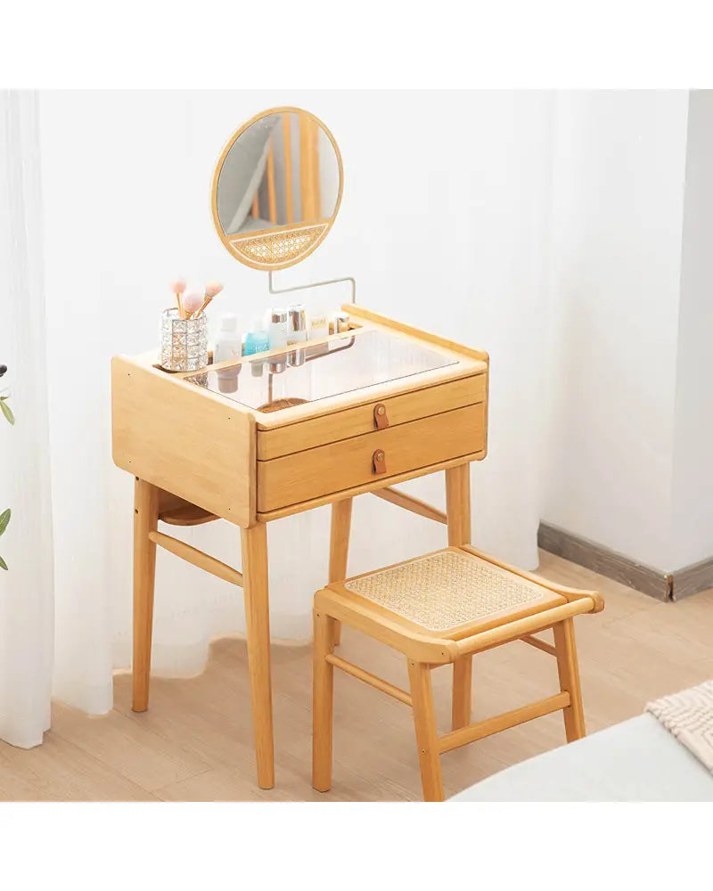Bamboo Makeup Vanity Table with Stool and Rotating Mirror - Natural - Makeup Vanities