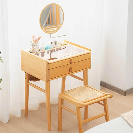Bamboo Makeup Vanity Table with Stool and Rotating Mirror - Natural - Makeup Vanities