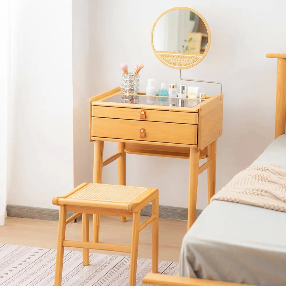 Bamboo Makeup Vanity Table with Stool and Rotating Mirror - Natural - Makeup Vanities