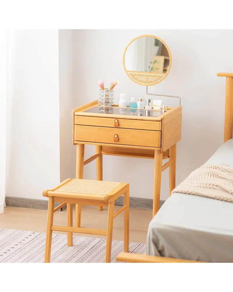 Bamboo Makeup Vanity Table with Stool and Rotating Mirror - Natural - Makeup Vanities