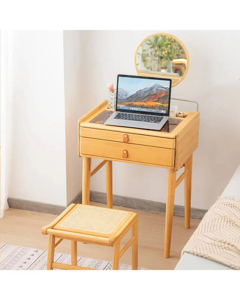 Bamboo Makeup Vanity Table with Stool and Rotating Mirror - Natural - Makeup Vanities