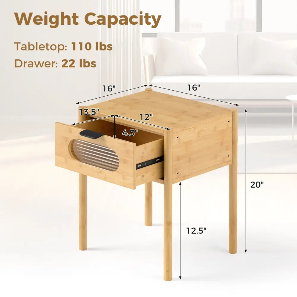 Bamboo Nightstand Square Tall End Table with Decorated Drawer-Natural - Natural - Nightstands