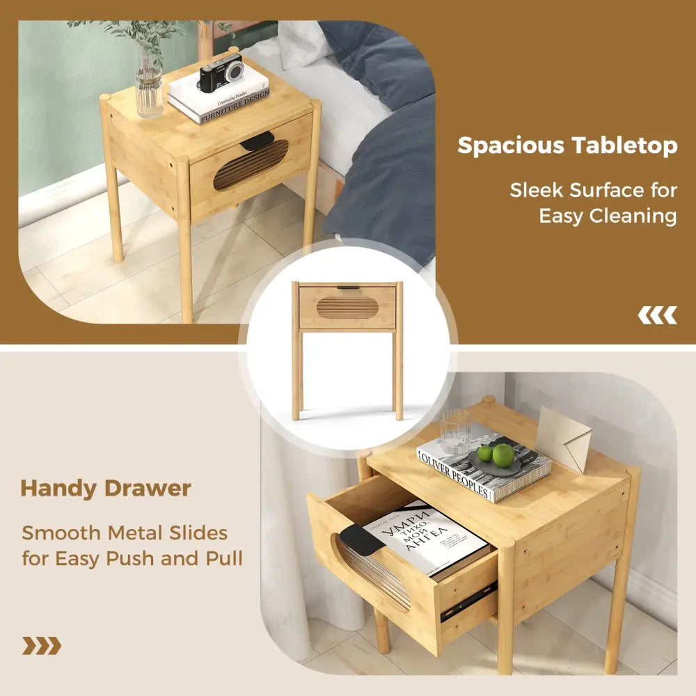 Bamboo Nightstand Square Tall End Table with Decorated Drawer-Natural - Natural - Nightstands