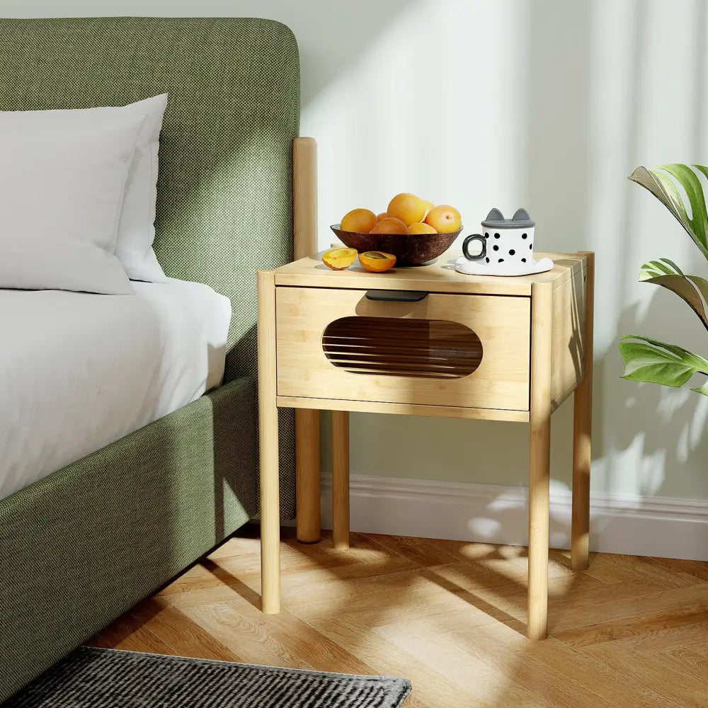 Bamboo Nightstand Square Tall End Table with Decorated Drawer-Natural - Natural - Nightstands
