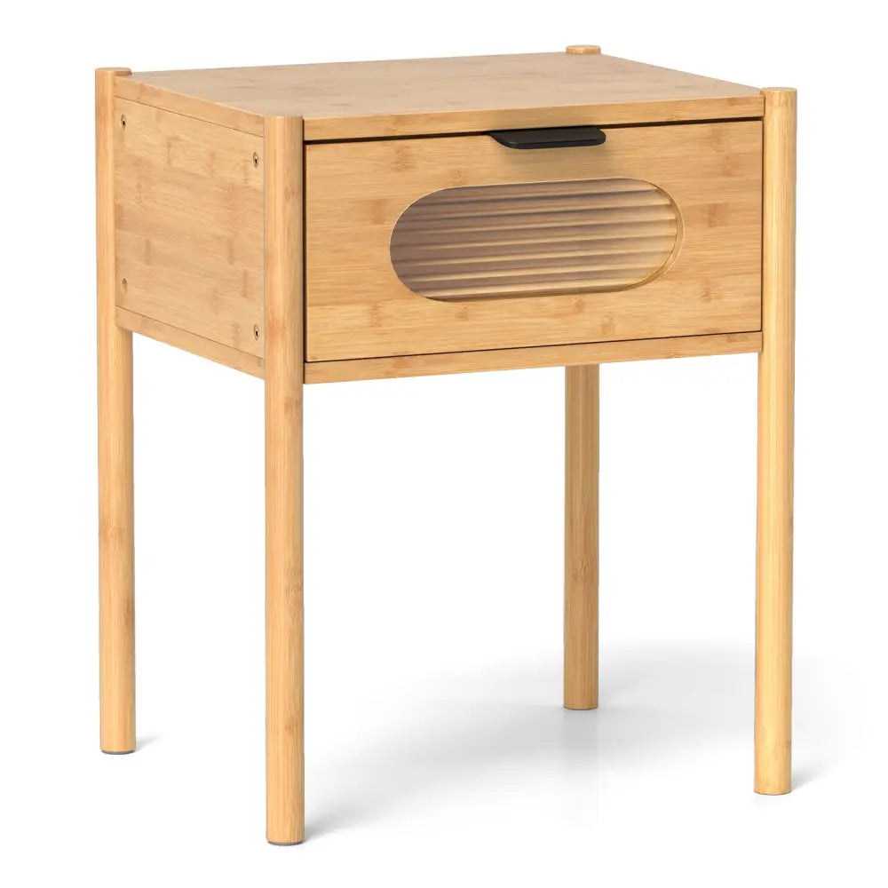 Bamboo Nightstand Square Tall End Table with Decorated Drawer-Natural - Natural - Nightstands