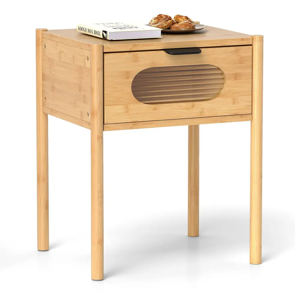 Bamboo Nightstand Square Tall End Table with Decorated Drawer-Natural - Natural - Nightstands