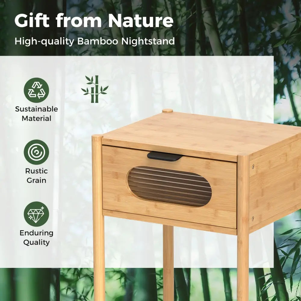 Bamboo Nightstand Square Tall End Table with Decorated Drawer-Natural - Natural - Nightstands