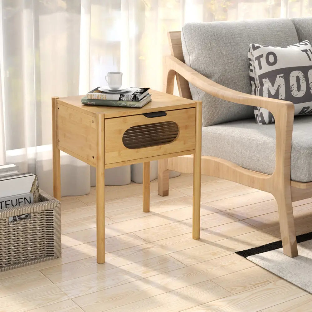Bamboo Nightstand Square Tall End Table with Decorated Drawer-Natural - Natural - Nightstands