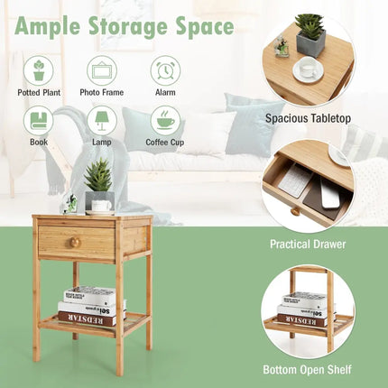 Bamboo Nightstand with Drawer and Open Shelf-Natural - Natural - Nightstands