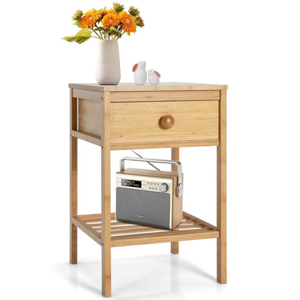 Bamboo Nightstand with Drawer and Open Shelf-Natural - Natural - Nightstands