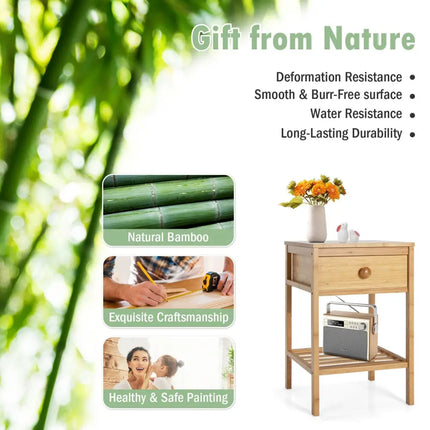 Bamboo Nightstand with Drawer and Open Shelf-Natural - Natural - Nightstands