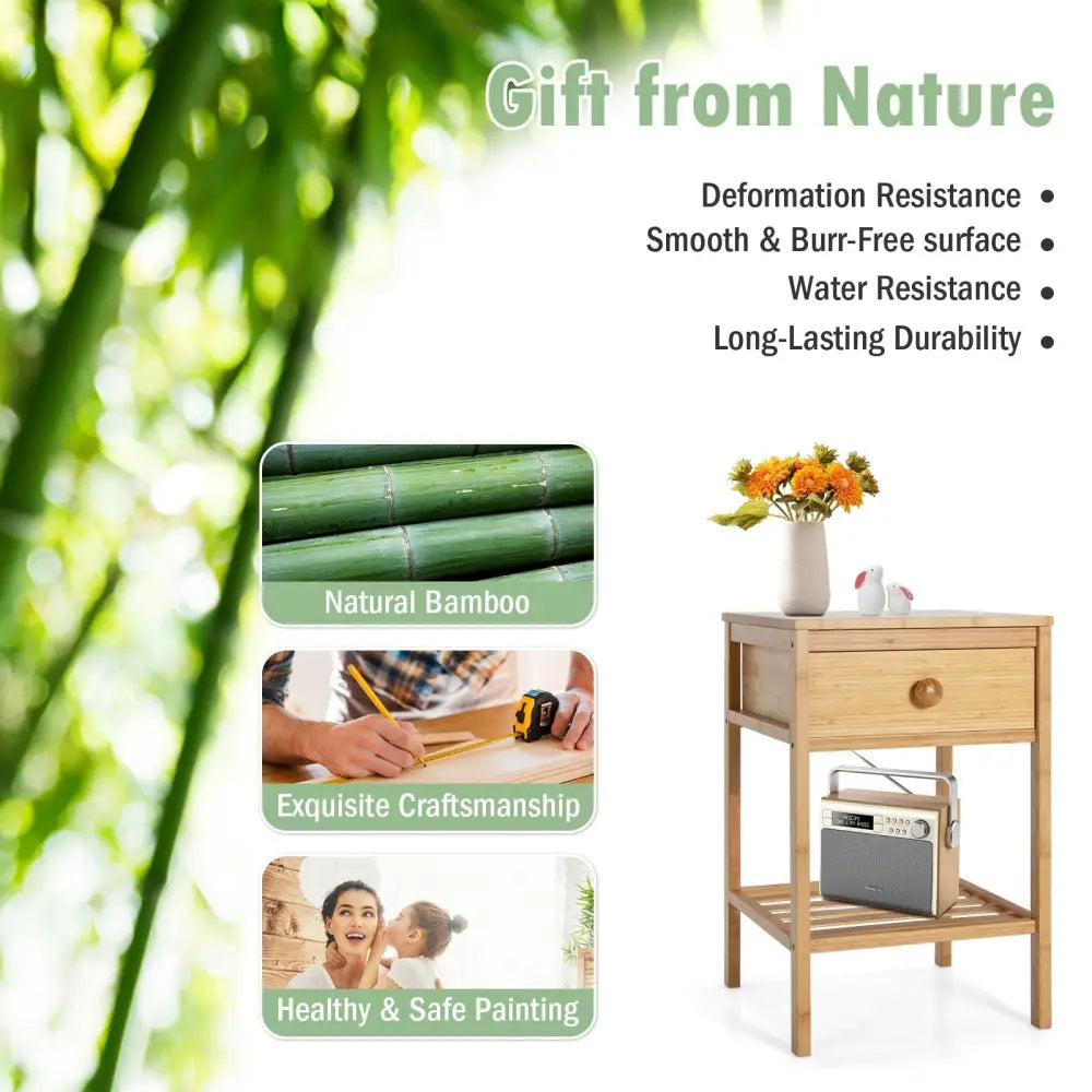 Bamboo Nightstand with Drawer and Open Shelf-Natural - Natural - Nightstands