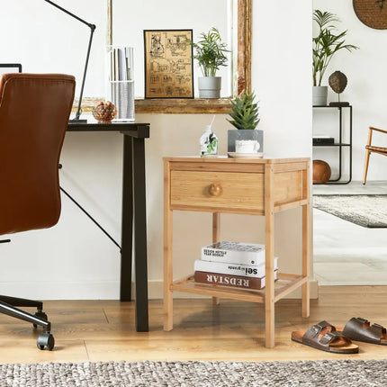 Bamboo Nightstand with Drawer and Open Shelf-Natural - Natural - Nightstands