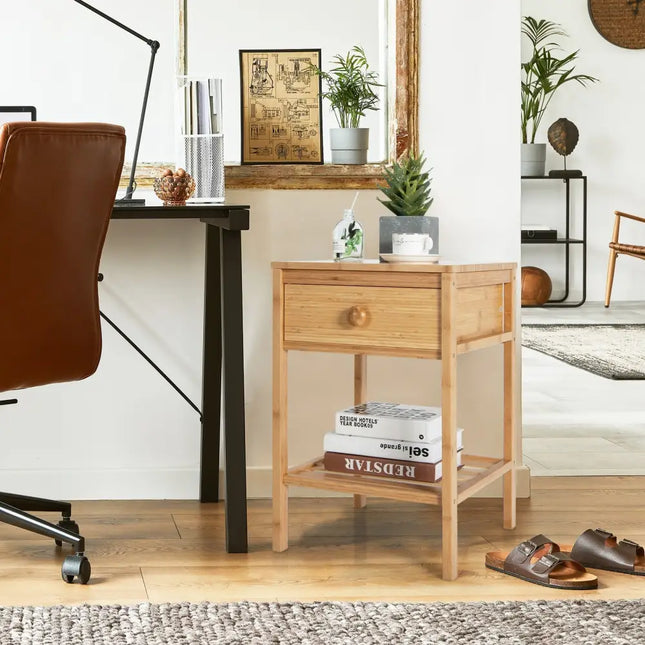 Bamboo Nightstand with Drawer and Open Shelf-Natural - Natural - Nightstands