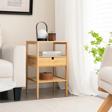 Bamboo Nightstand with Storage Drawer and Slatted Shelf-1 Piece - Natural - Nightstands