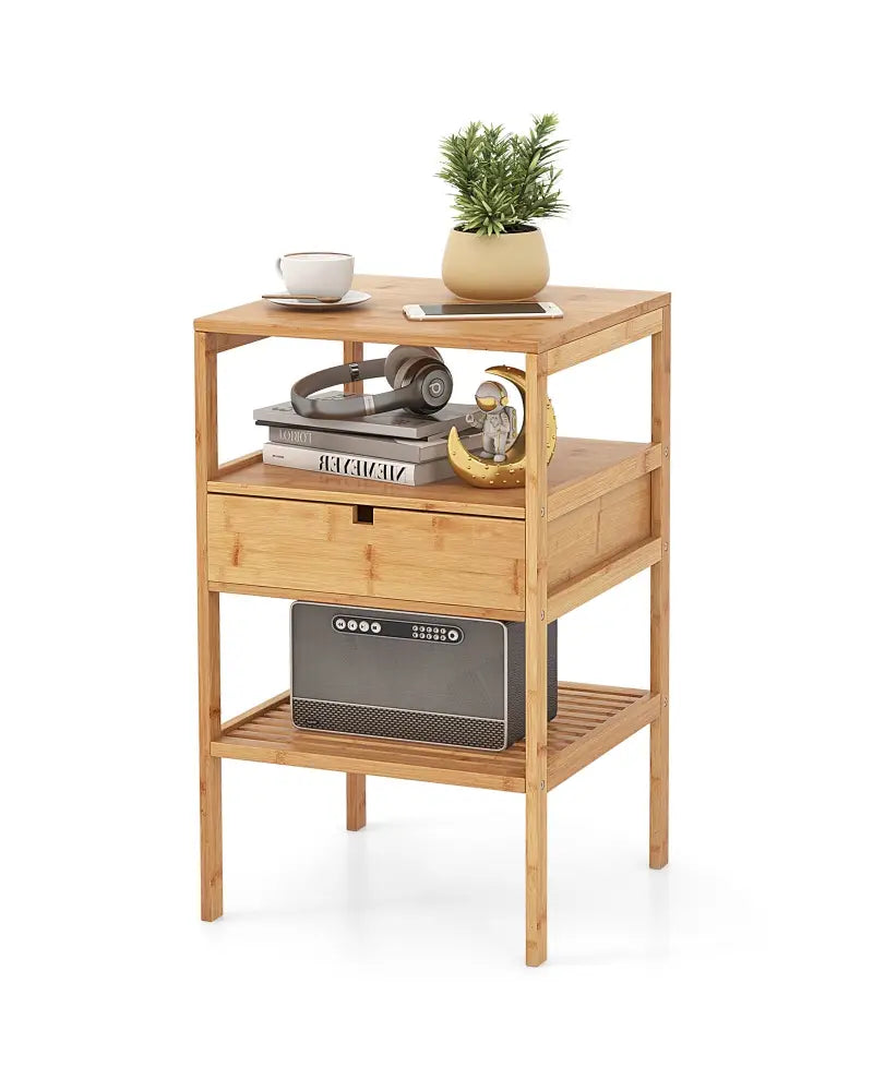 Bamboo Nightstand with Storage Drawer and Slatted Shelf-1 Piece - Natural - Nightstands