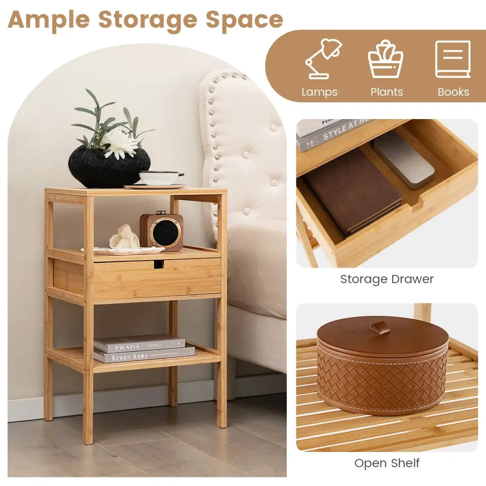 Bamboo Nightstand with Storage Drawer and Slatted Shelf-1 Piece - Natural - Nightstands