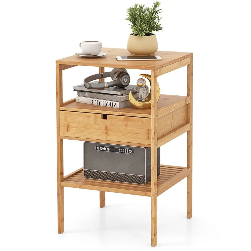 Bamboo Nightstand with Storage Drawer and Slatted Shelf-1 Piece - Natural - Nightstands