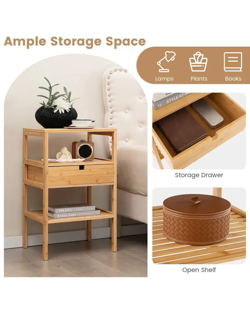 Bamboo Nightstand with Storage Drawer and Slatted Shelf-1 Piece - Natural - Nightstands